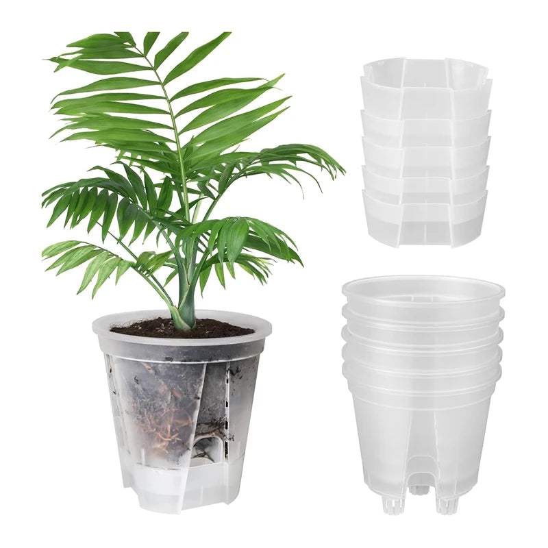 6 Inch Transparent Plastic Garden Pots Self Watering Planters 5 Pack with Deep Reservior and tray